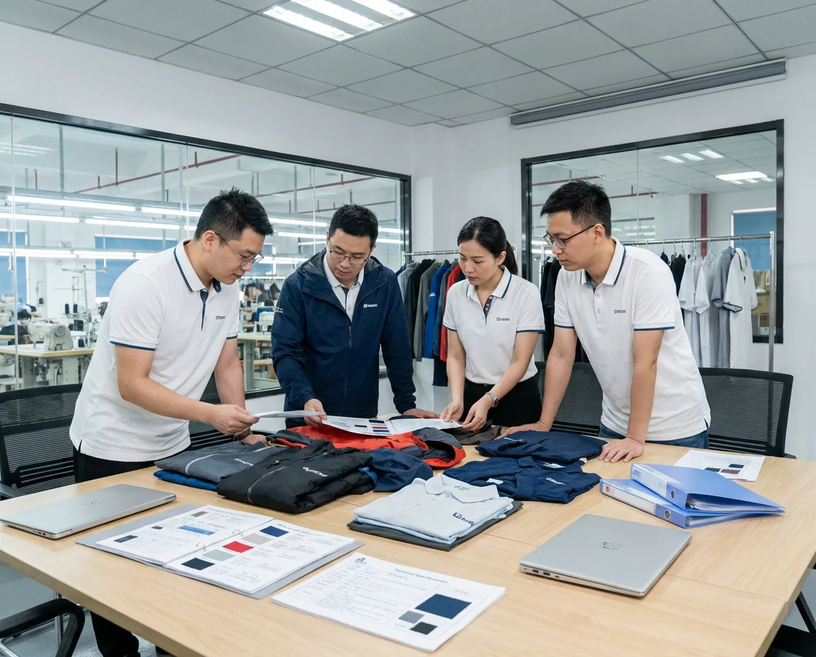 CustomFishingWear team reviewing a new fishing apparel collection together