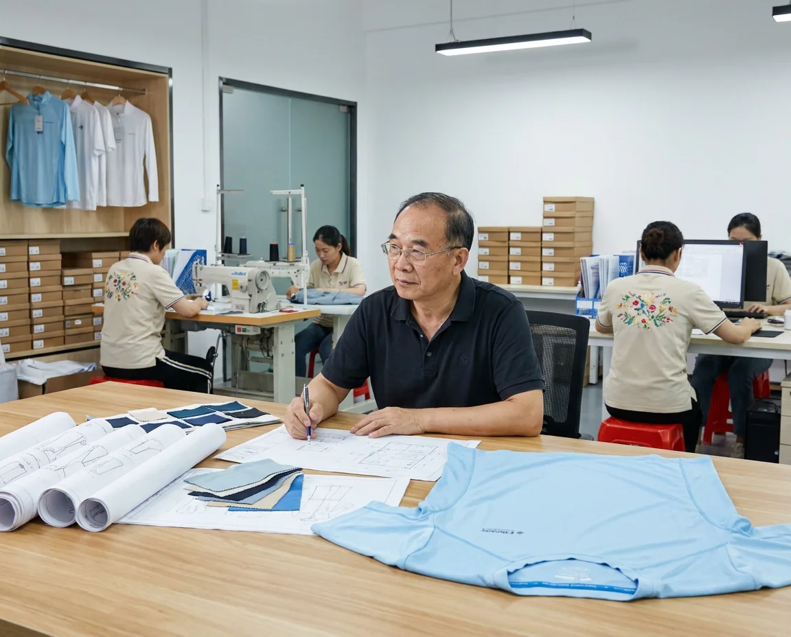 Fishing apparel designer reviewing tech-pack sketches at a workshop table