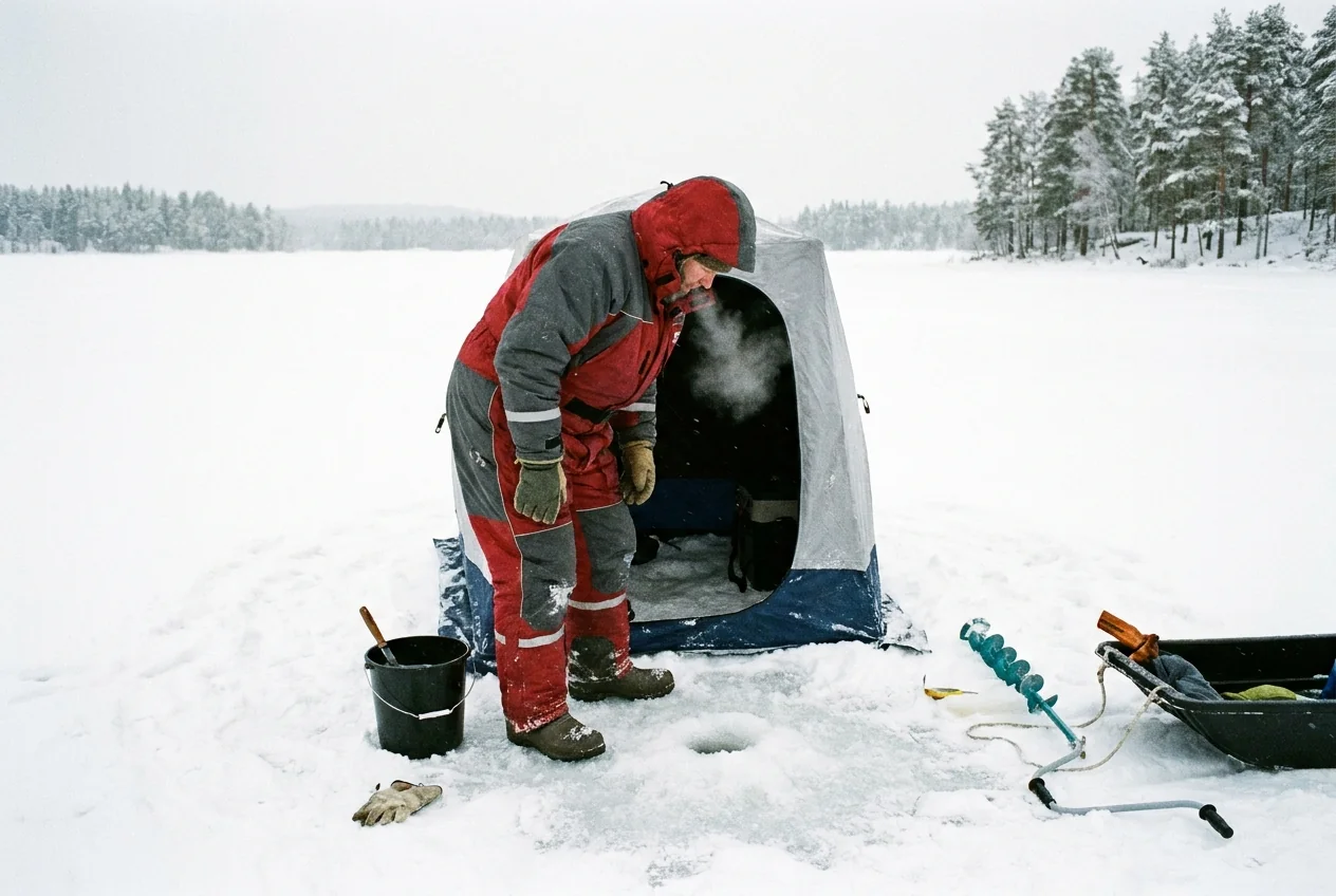 Ice fishing in cold winter conditions
