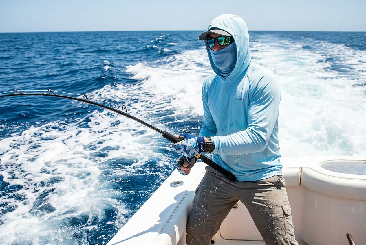 Open ocean saltwater fishing under intense sun