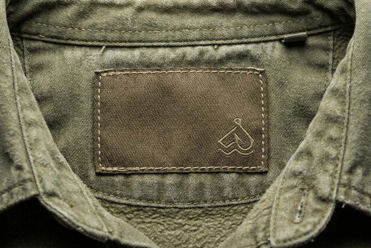 Woven brand label sewn into garment