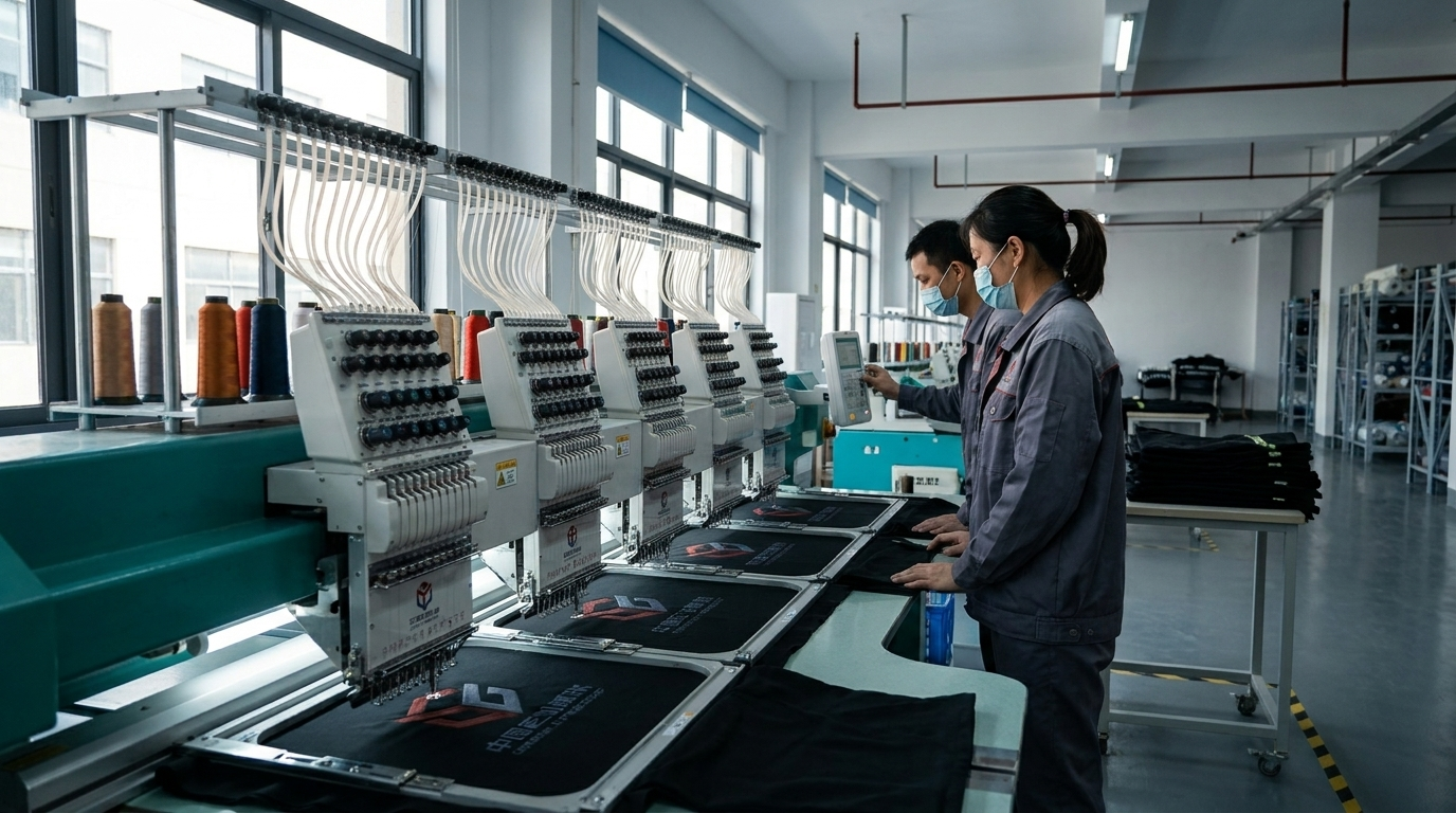 Multi-head embroidery machine stitching logos