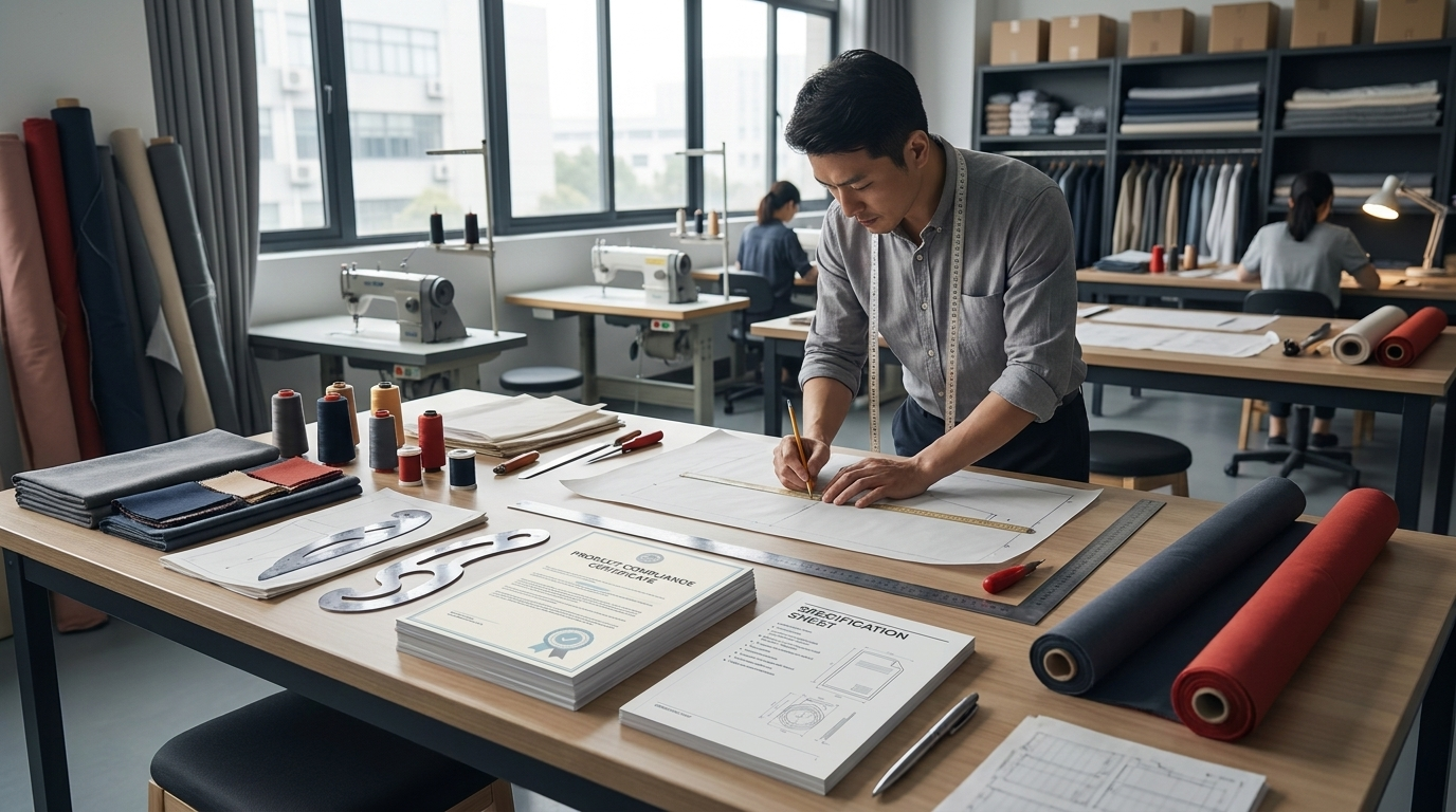 Pattern desk with tech pack drafting