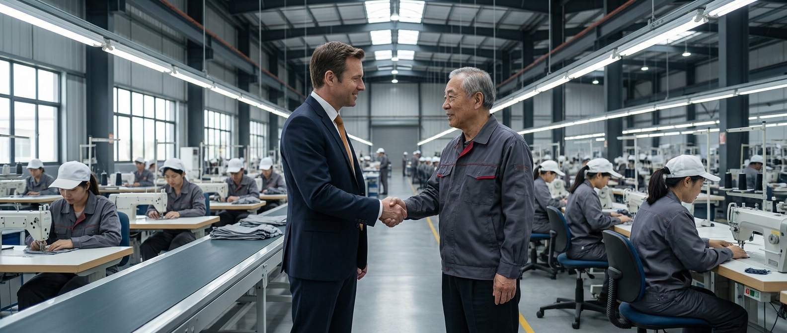 Long-term partnership handshake on the factory floor