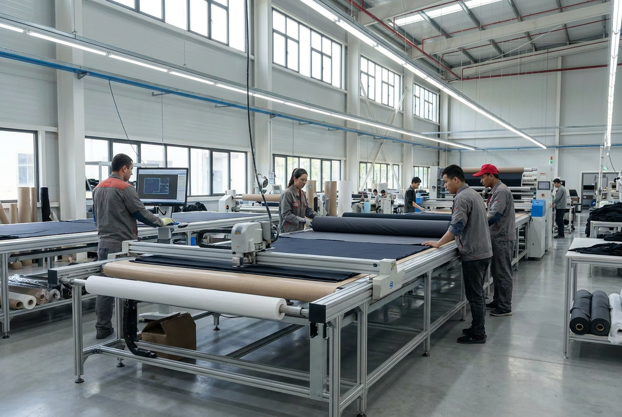 Cutting department with CAD-guided cutting tables