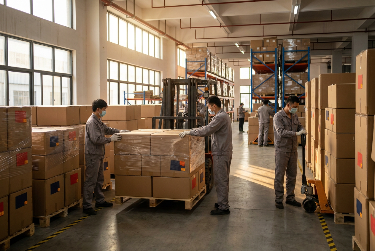 Finished goods warehouse with palletized cartons ready for shipment