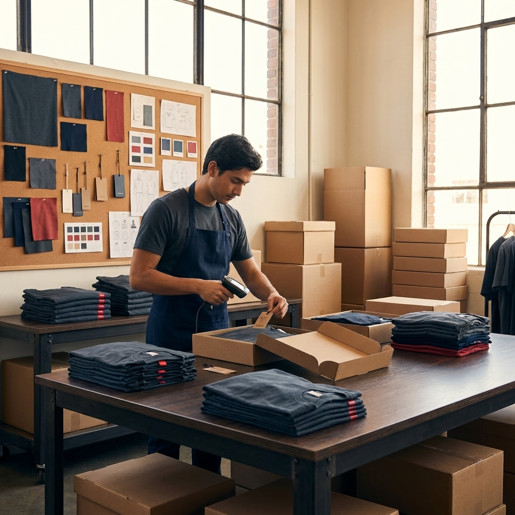 Garment packing and labeling station