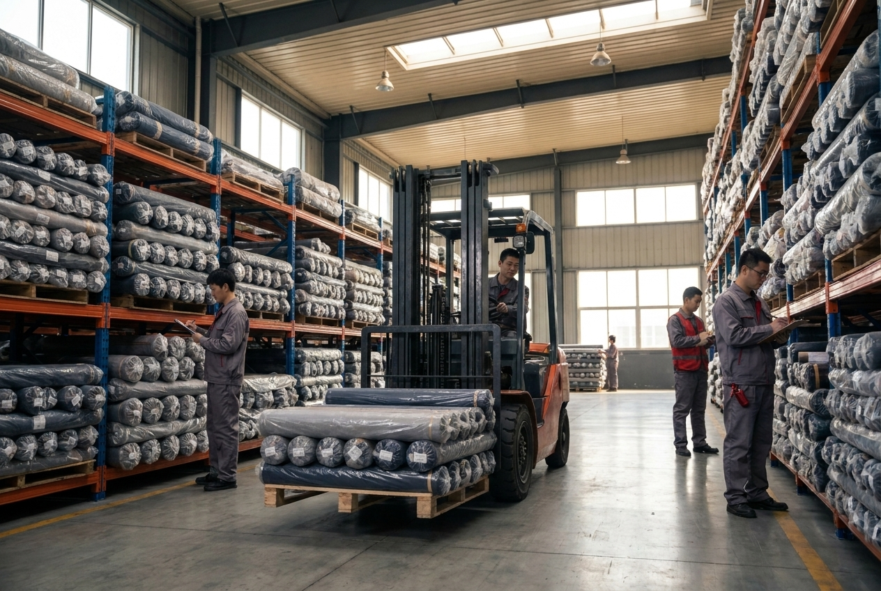 Textile material warehouse with organized inventory