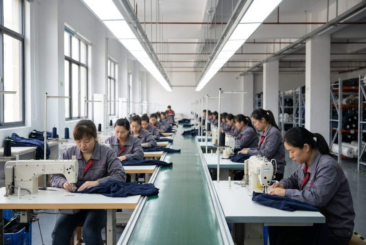 Sewing production lines with operators at industrial machines