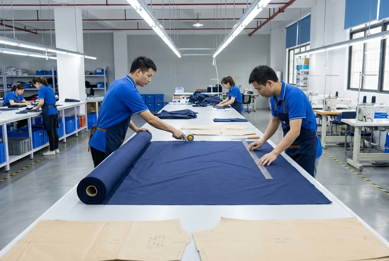 In-house cutting room with spread tables and marked panels