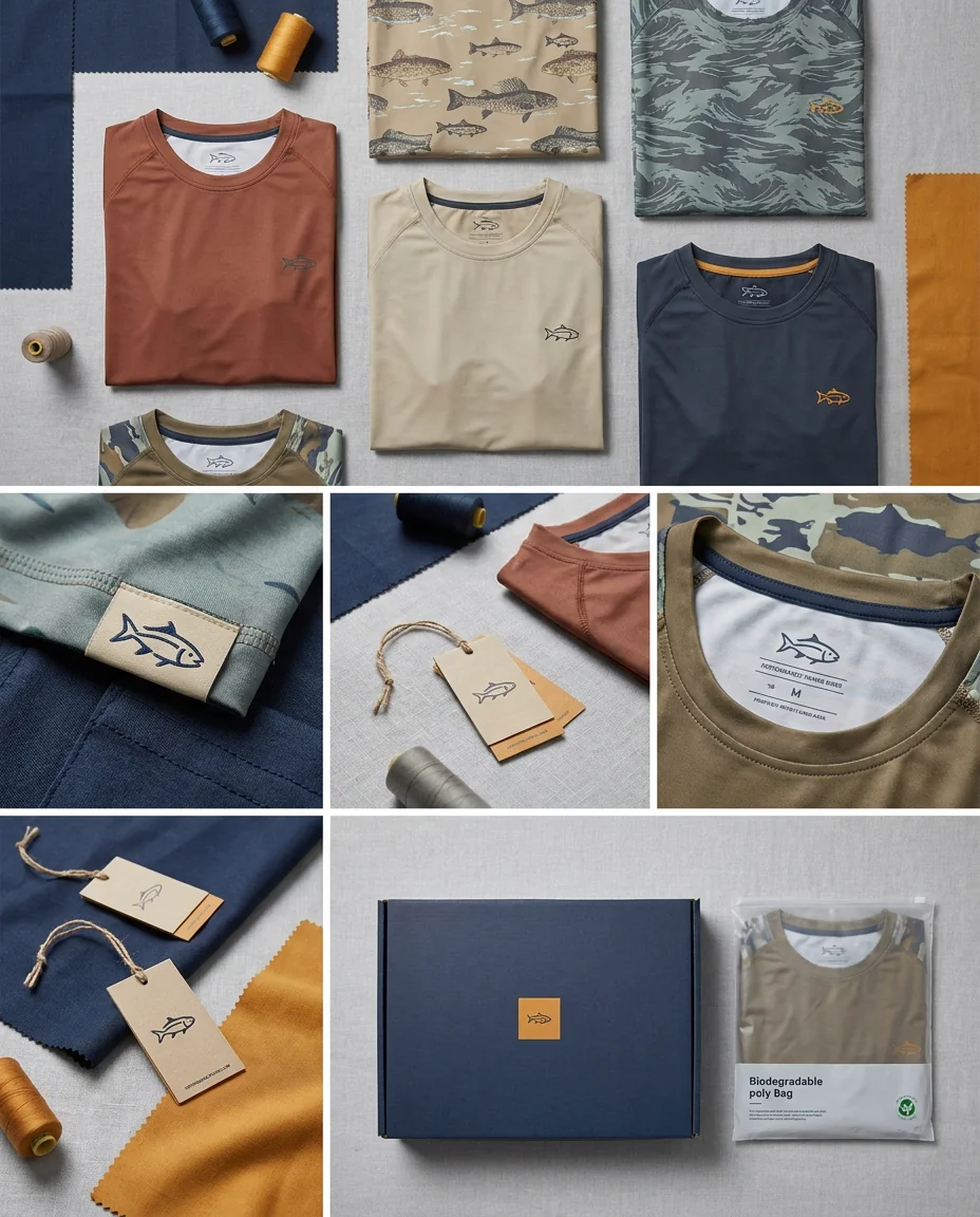 Private label fishing apparel brand collage — finished garments with branded labels, hang tags and packaging