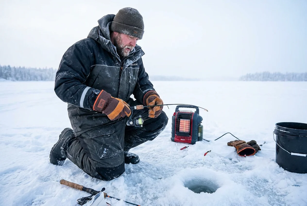 Angler on the ice with cold-weather thermal fishing gloves