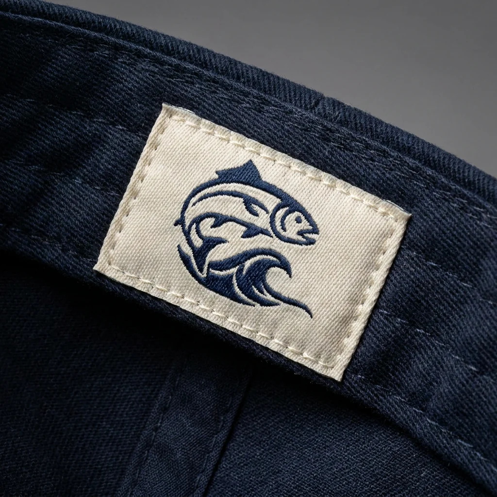 Custom woven brand label sewn inside the sweatband of a fishing hat