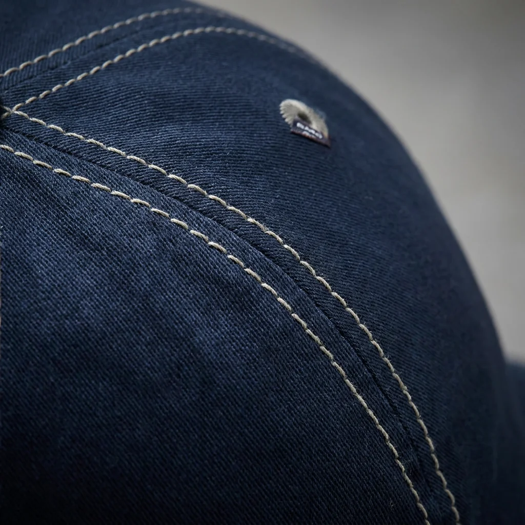 Close-up of 6-panel construction stitching on a custom fishing cap