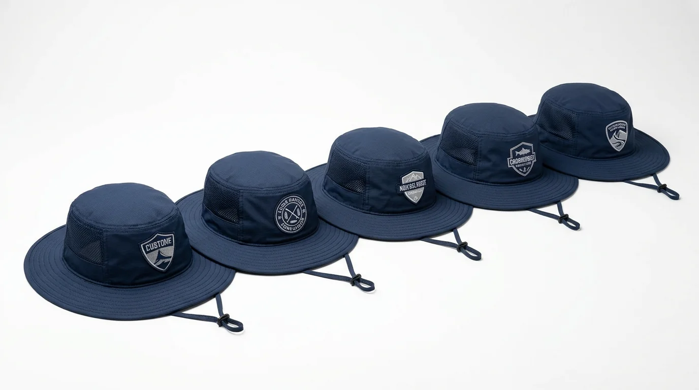 Pantone-matched fishing hat samples from a multi-supplier brand comparison run