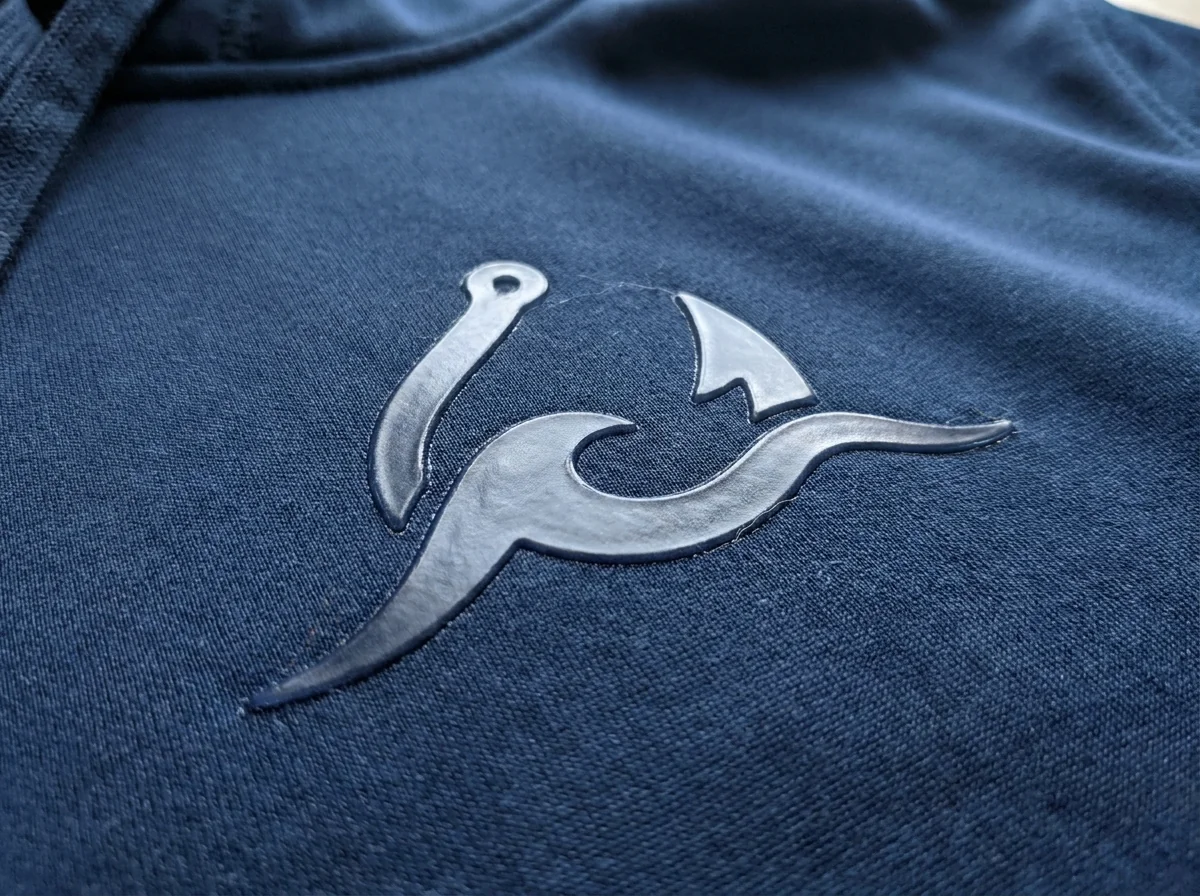 Soft-hand silicone logo print on a modern fishing hoodie