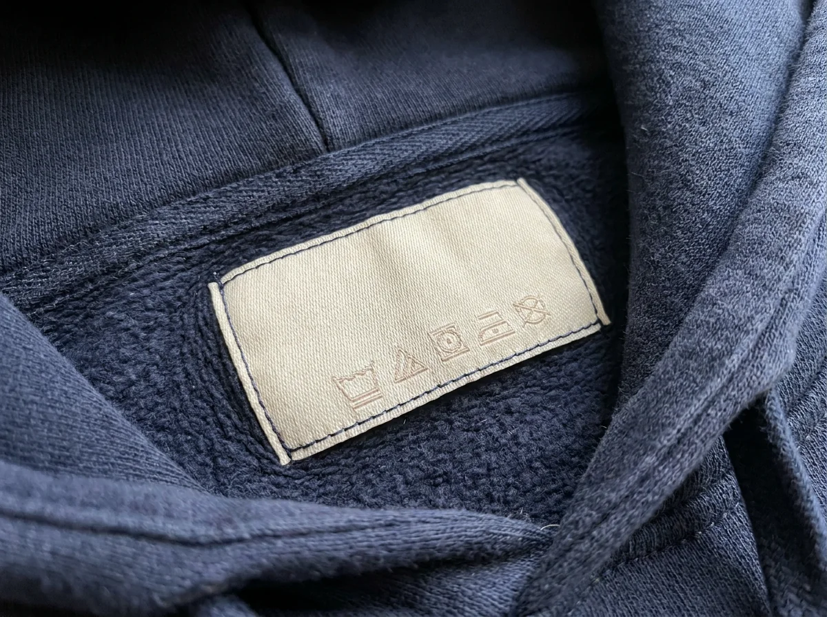 Custom woven neck label inside a fishing hoodie collar