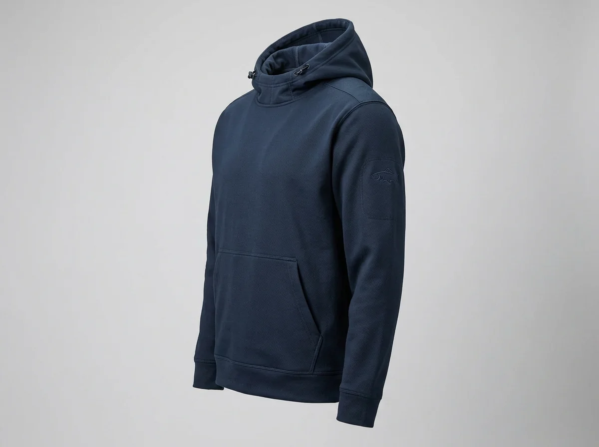 Side view of a custom fishing hoodie showing kangaroo pocket and hood construction