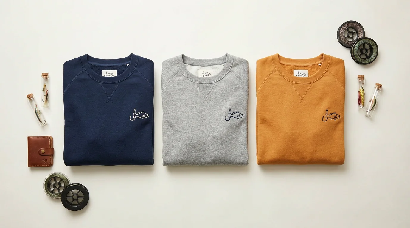 Custom crewneck sweatshirt brand collection flatlay