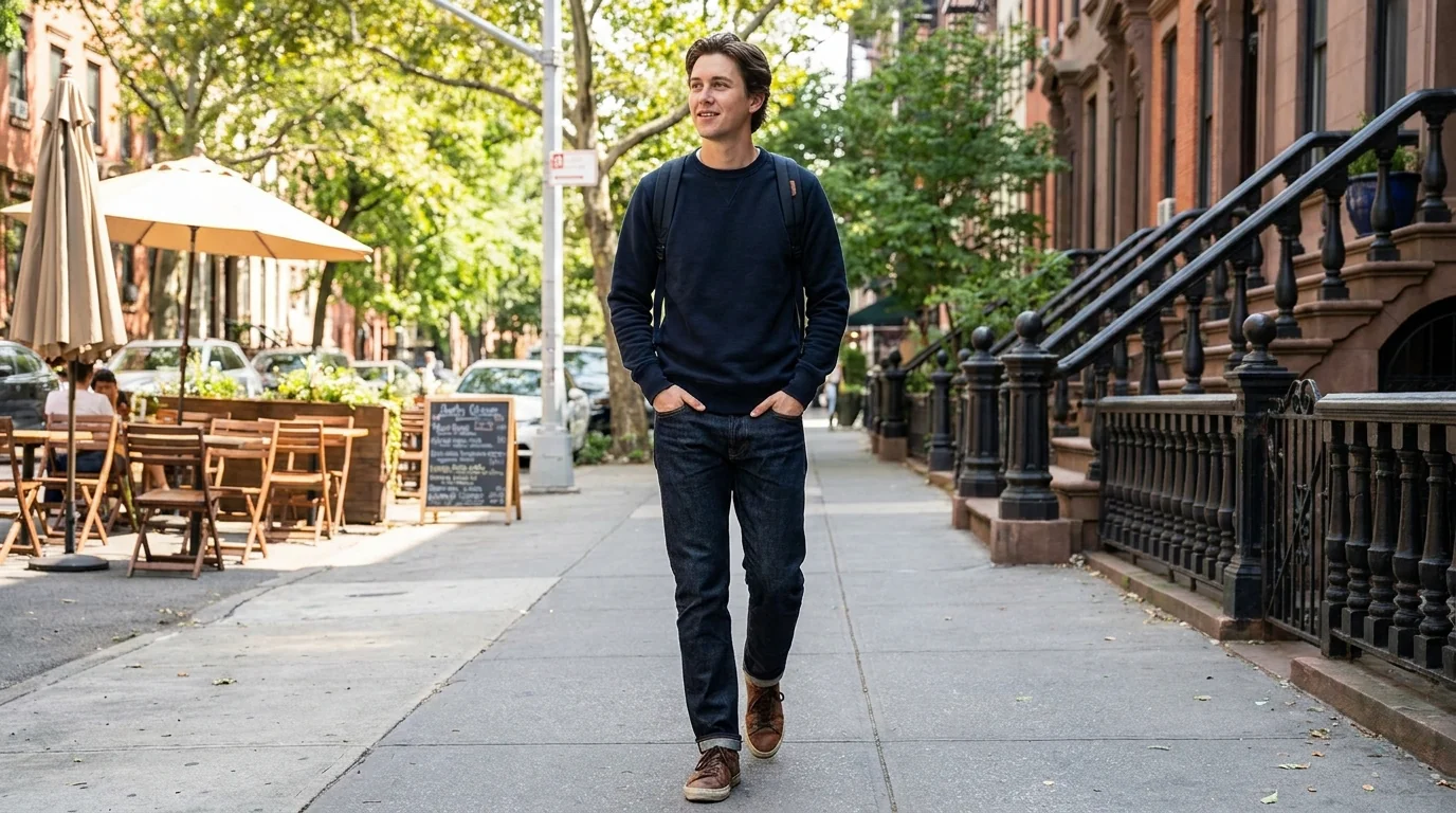 Crewneck sweatshirt worn for daily outdoor lifestyle on a city street