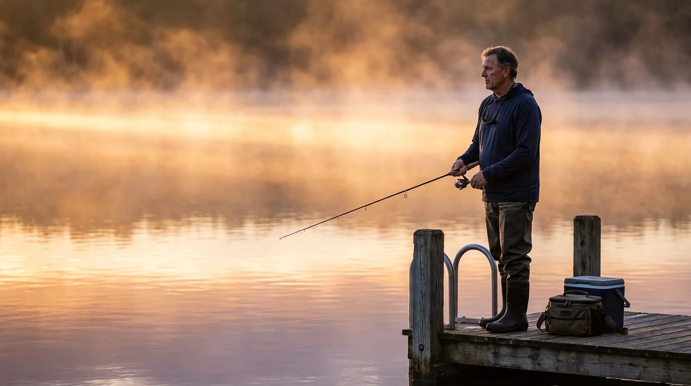 Lightweight hoodie at a dock at sunrise before morning fishing