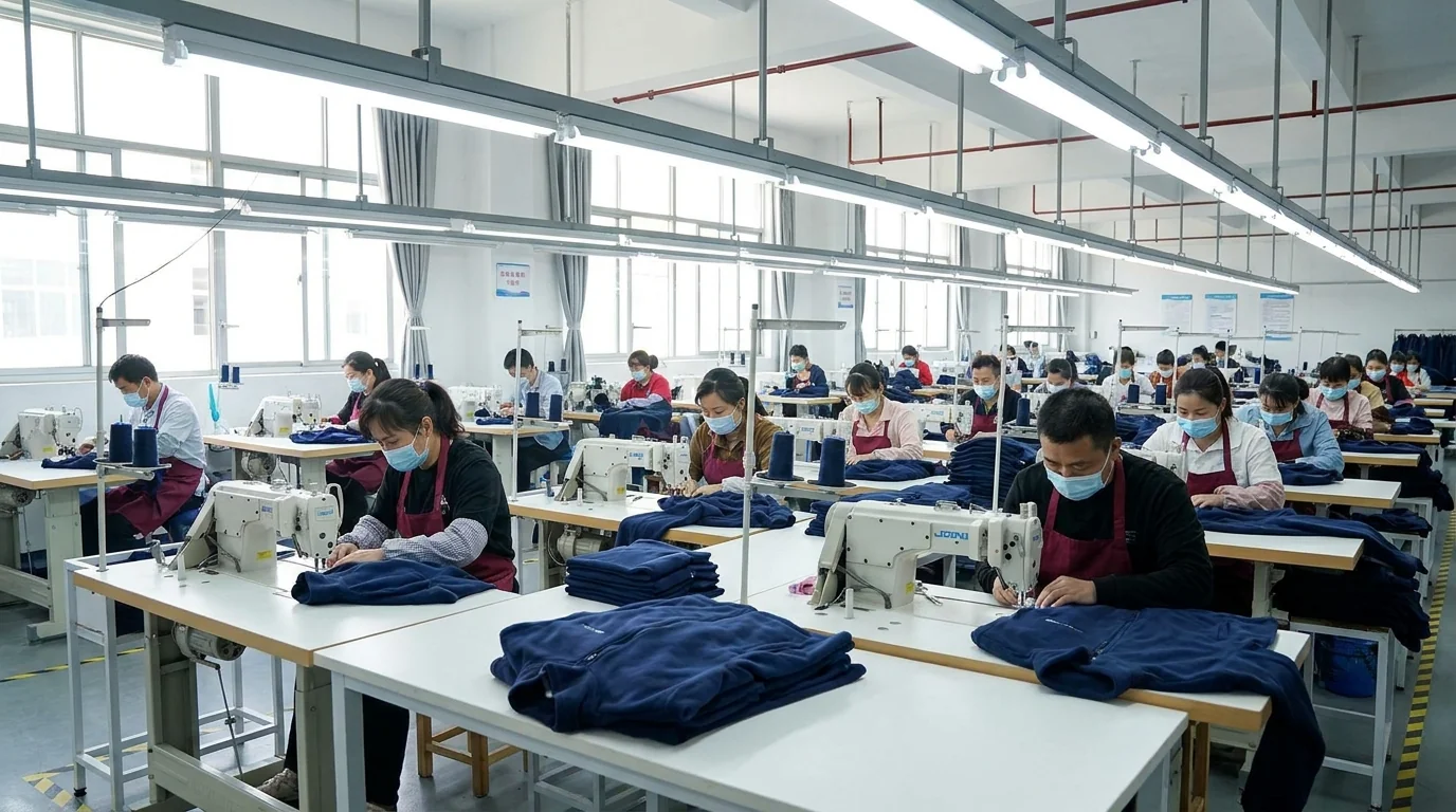 Custom fishing hoodie production floor with cut-and-sew operators assembling fleece pullovers
