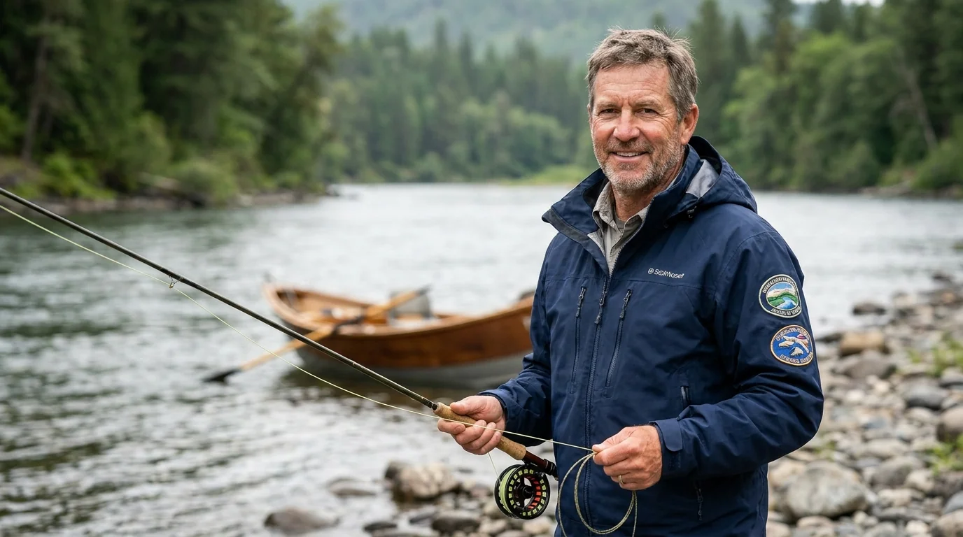 Independent fishing guide in branded weather-shield jacket on a river