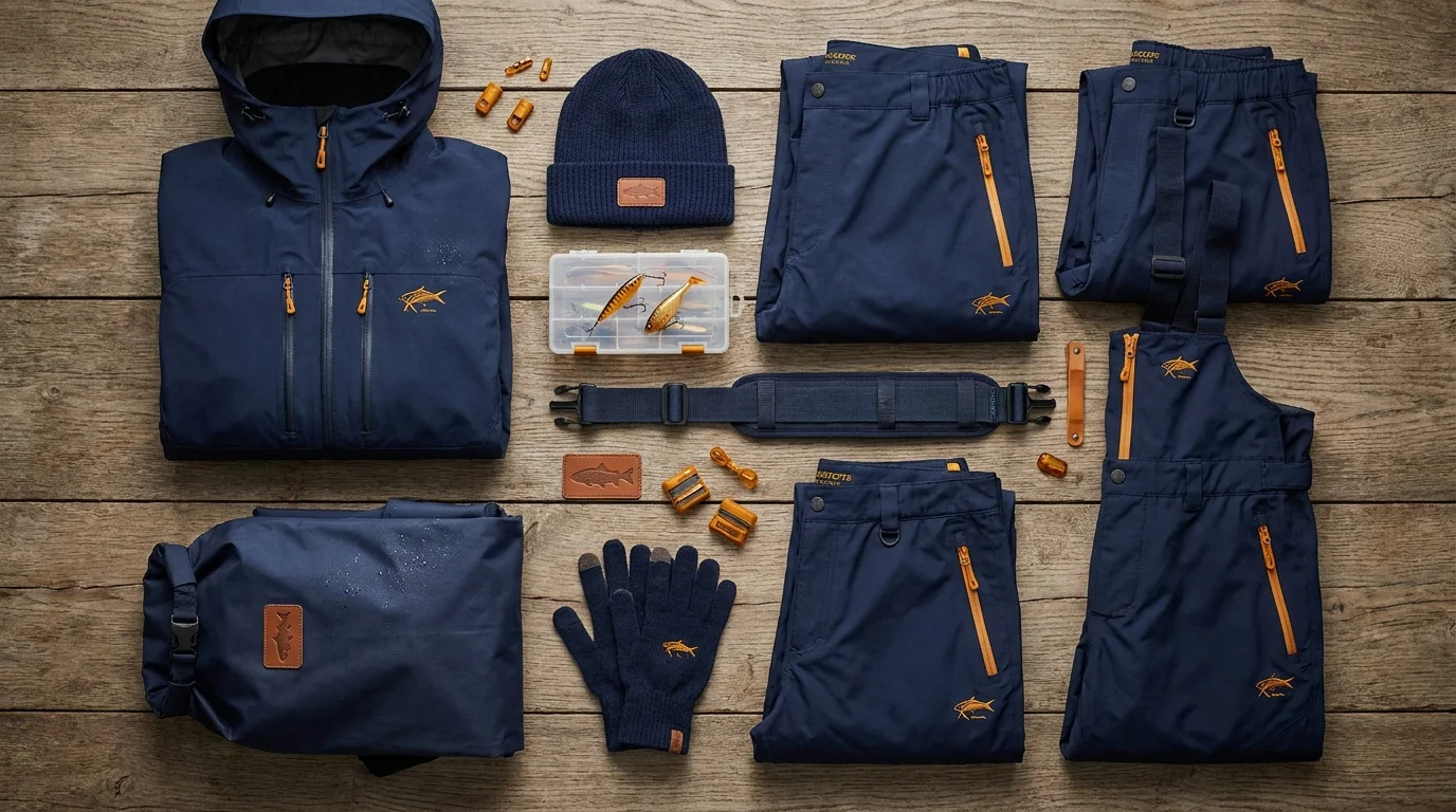 Marine apparel brand flatlay collection of technical fishing outerwear