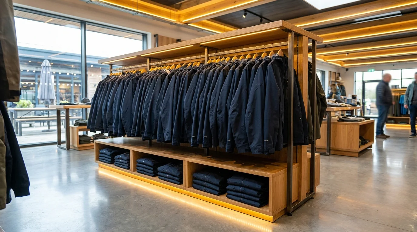 Outdoor retailer floor rack stocked with private label fishing jackets