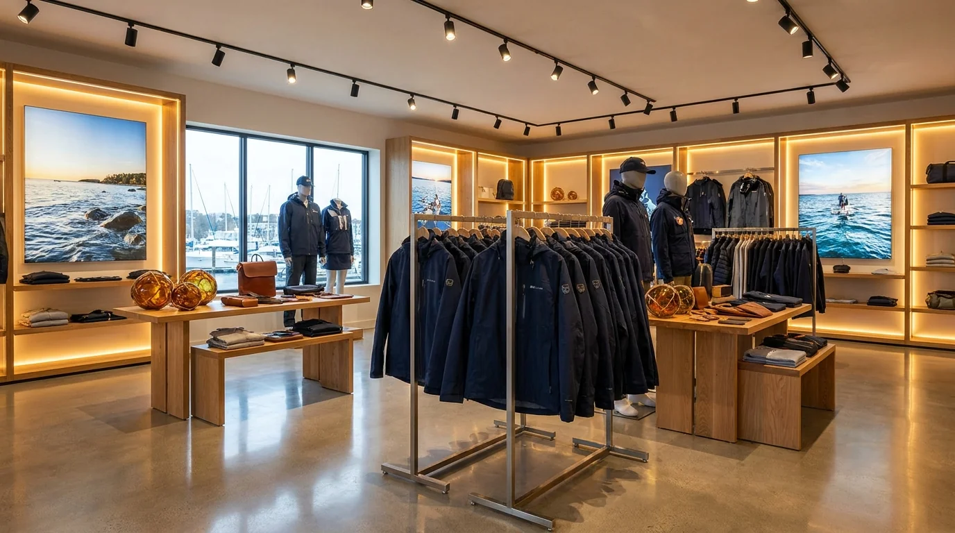 Saltwater fishing brand showroom display with custom waterproof jacket collection