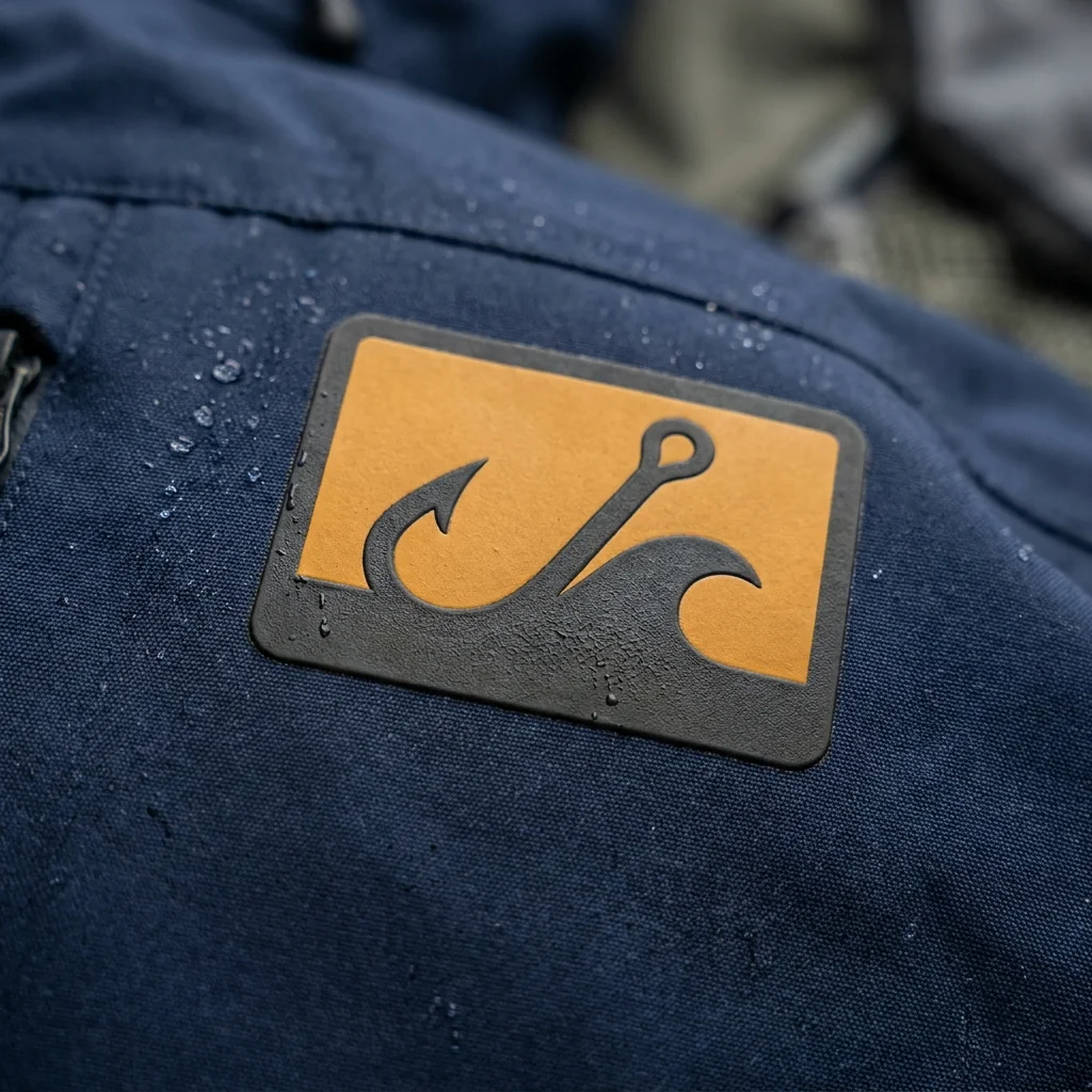 Close-up of waterproof screen-printed logo on a fishing jacket chest