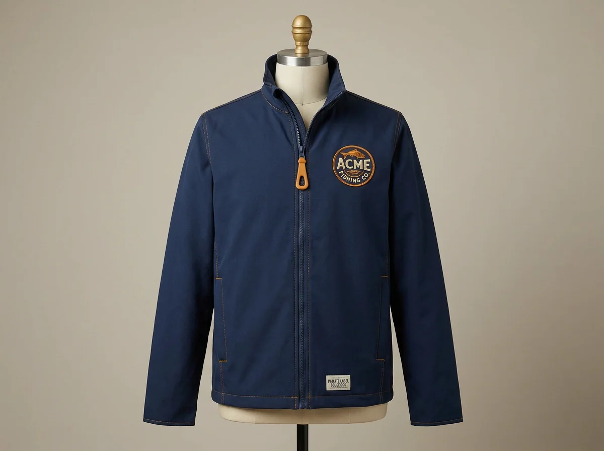 Custom-branded fishing jacket showing embroidered chest logo, branded zipper puller, and woven hem label