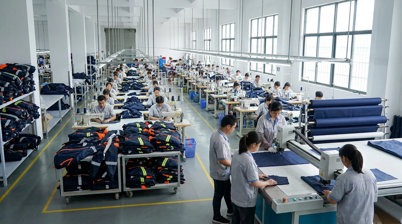 Custom fishing jacket production floor with cut-and-sew operators assembling waterproof shells