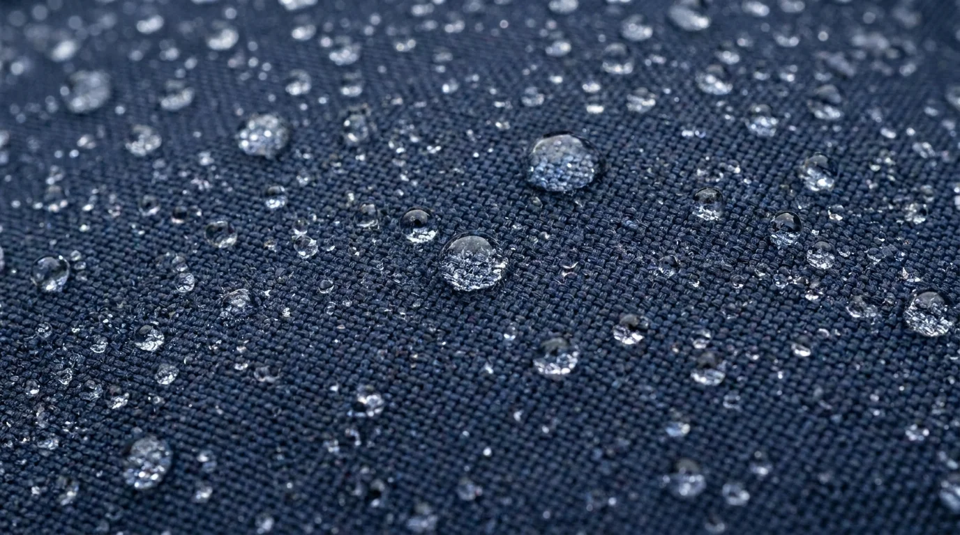 Rain droplets beading on a waterproof fishing jacket fabric surface