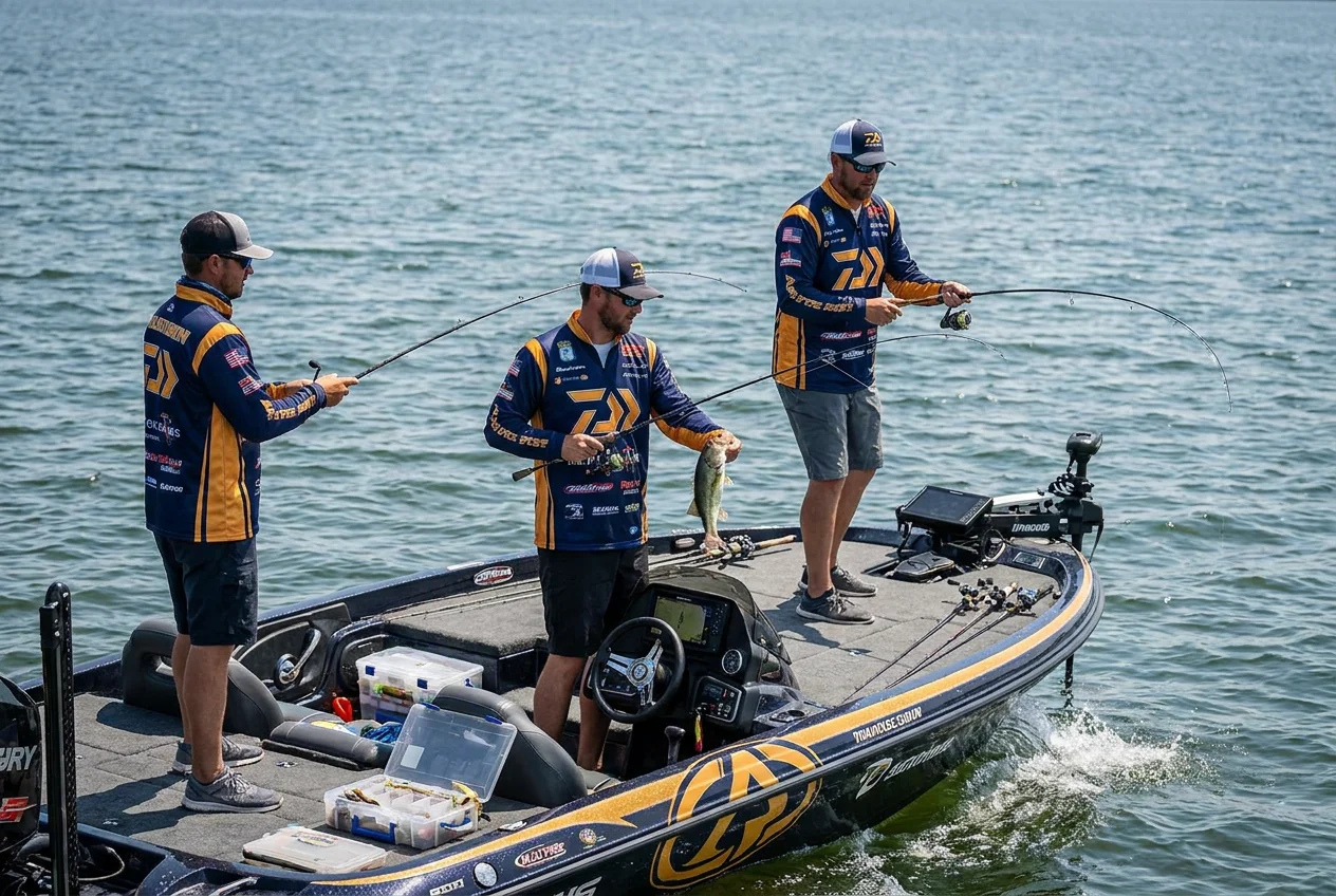 Tournament bass team on the boat in matching jerseys