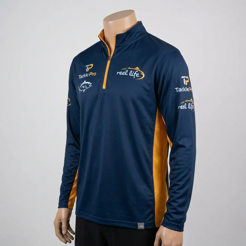 Quarter zip fishing jersey with sponsor logos on chest and sleeve