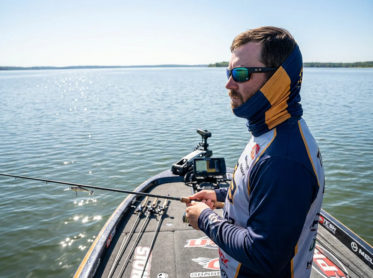 Custom breathable neck gaiter for freshwater bass fishing on lake