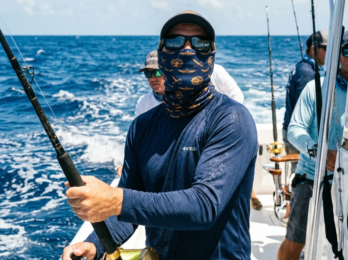 Custom UPF 50+ neck gaiter for offshore fishing on open ocean