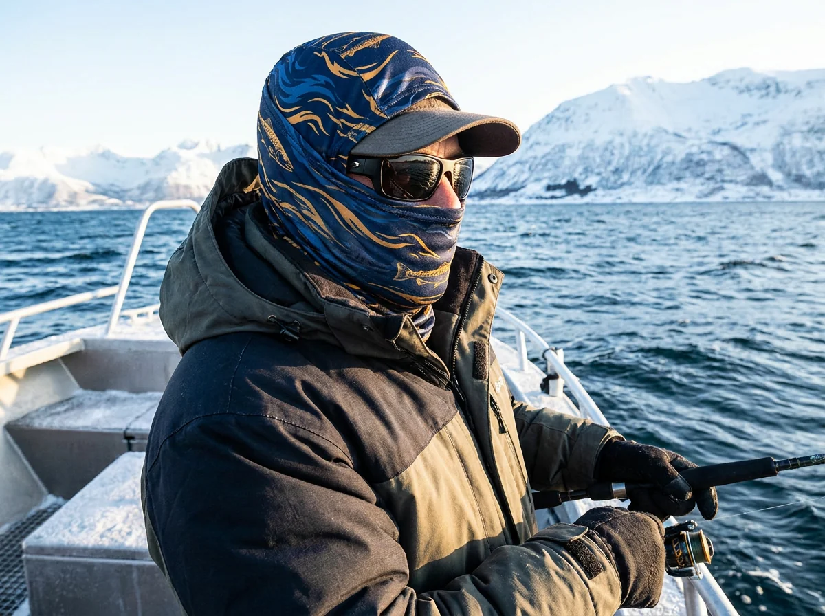 Fishing neck gaiter pulled as a balaclava covering head and face