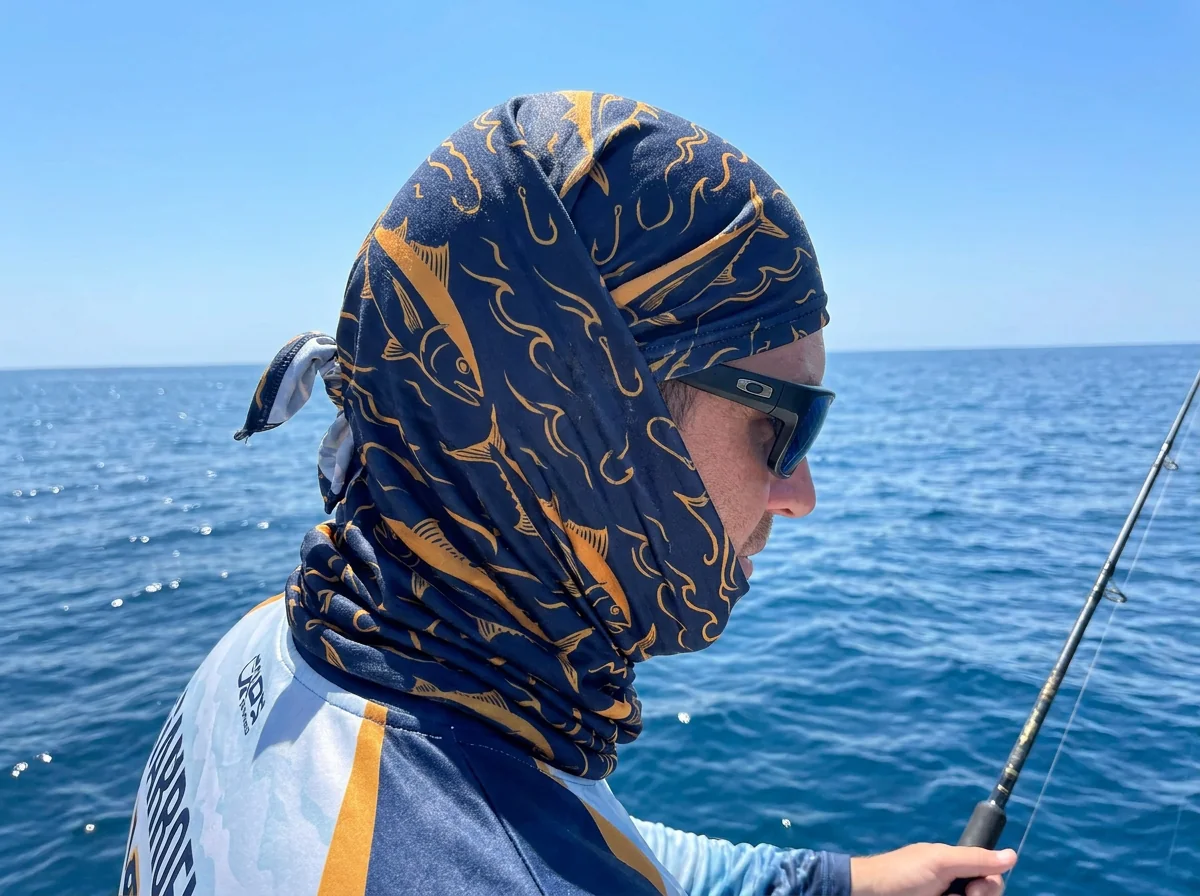 Fishing neck gaiter tied as a bandana over the head