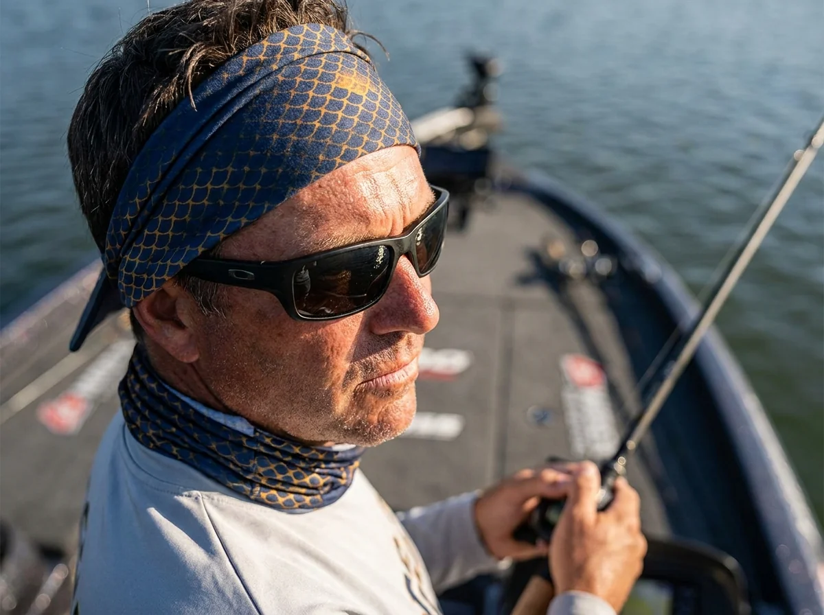 Fishing neck gaiter folded into a sweat-absorbing headband
