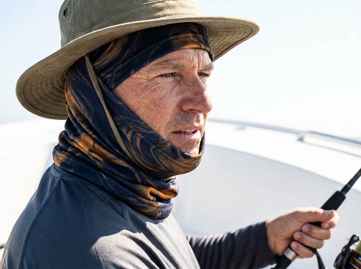 Fishing neck gaiter folded into a low-profile skull cap