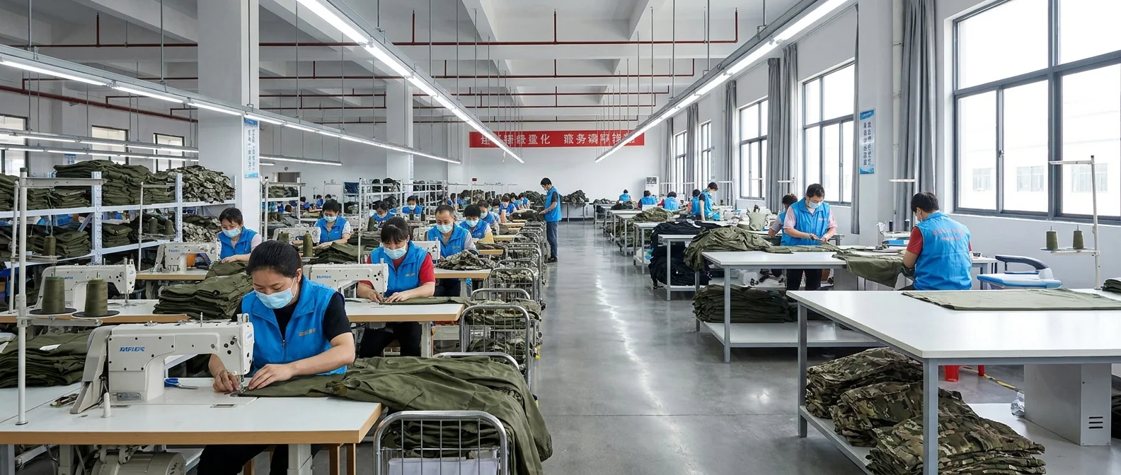 Custom fishing pants production floor showing cutting, sewing, and finishing stages
