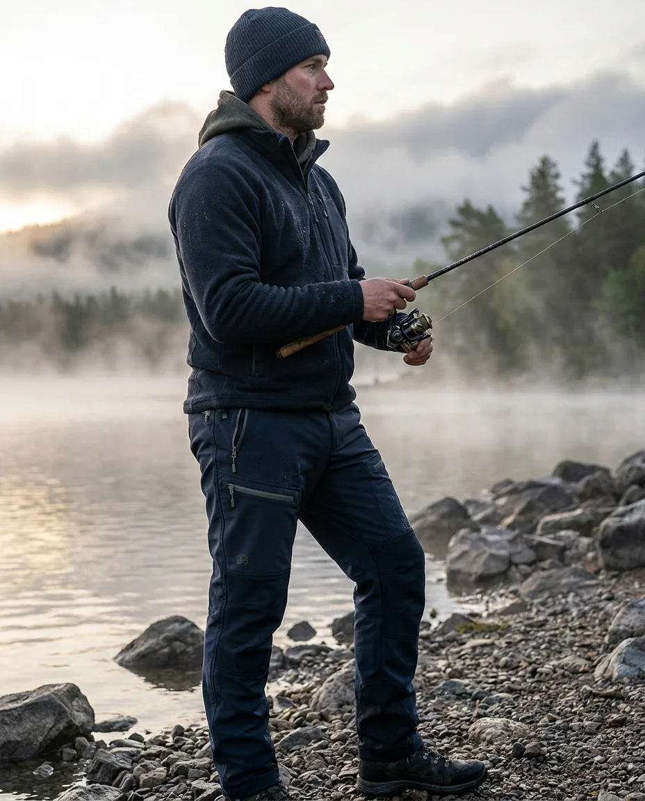 Softshell fishing pants with wind-resistant fleece-backed fabric for cold mornings