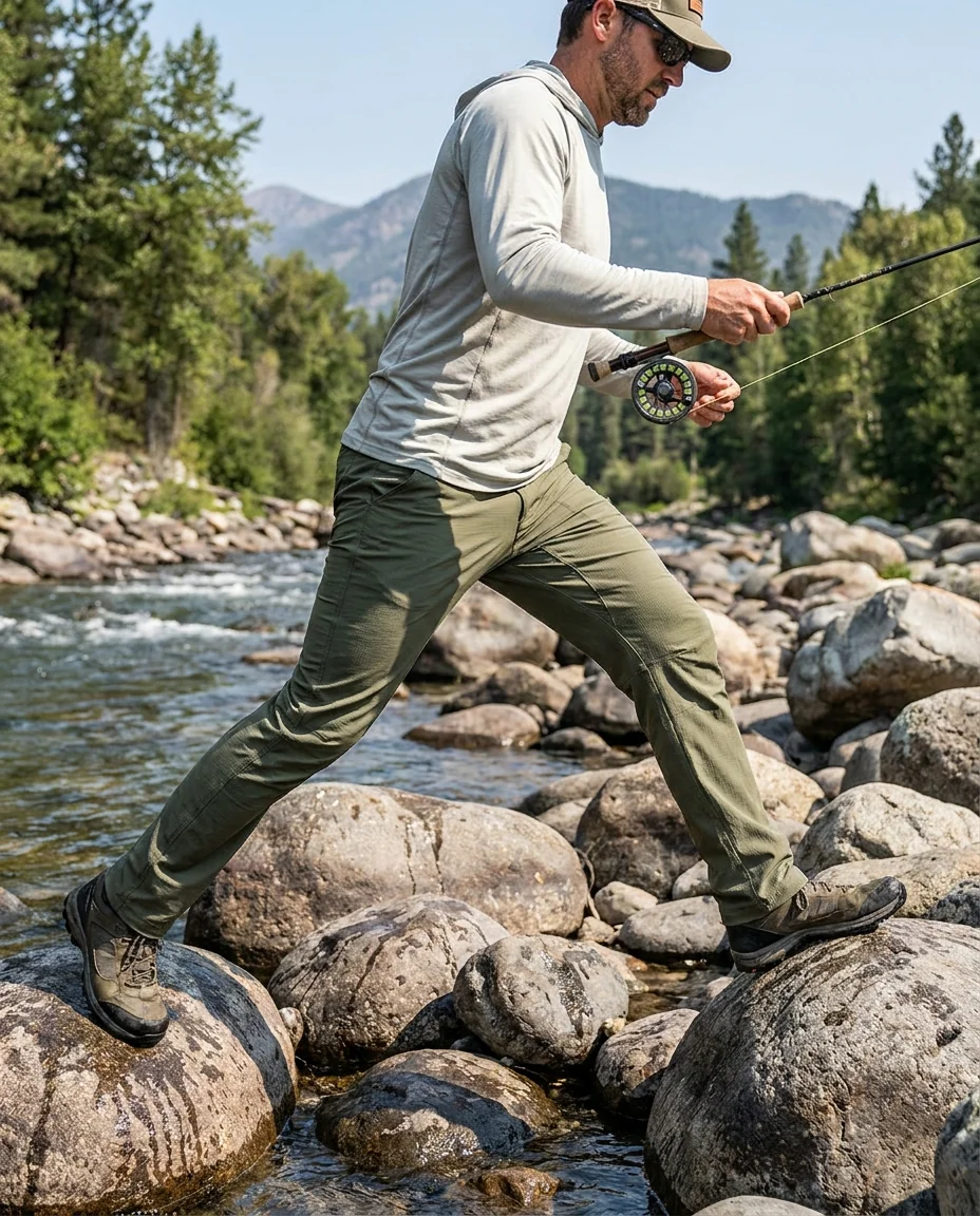 Stretch fishing pants with 4-way stretch woven fabric for full range of motion