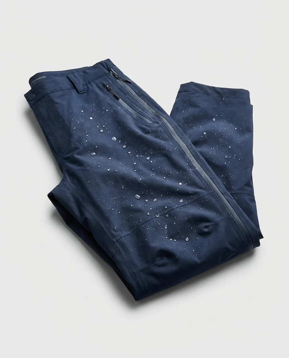 Waterproof fishing pants with DWR-coated shell and taped seams for rain and spray