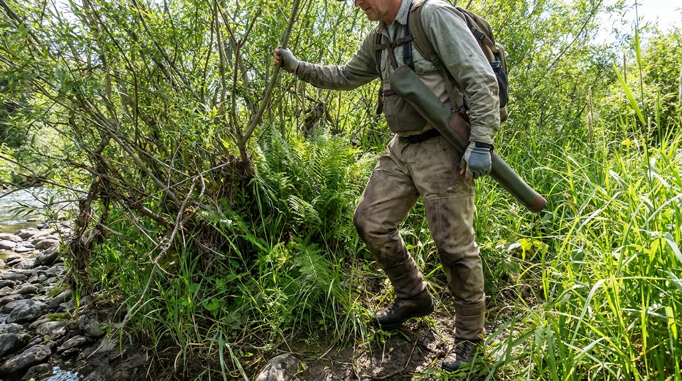 Brush and snag protection scene showing angler moving through dense vegetation