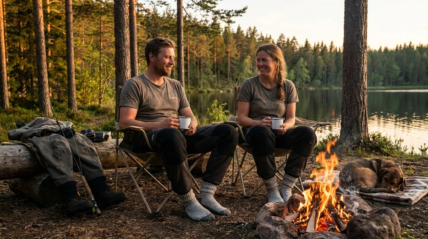 All-day outdoor comfort scene with anglers in custom fishing pants by camp