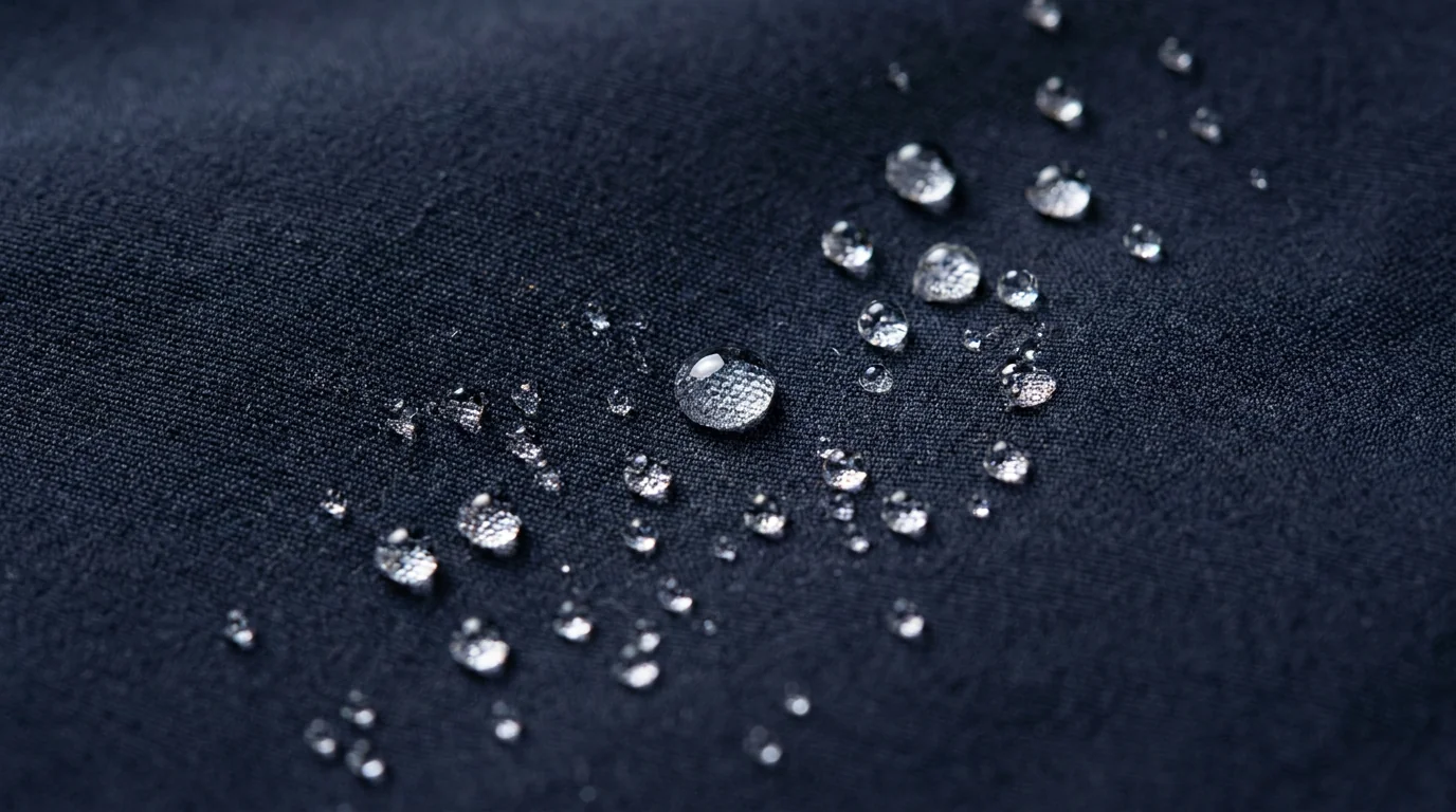 Factory-applied DWR finish on fishing pants beading water on contact
