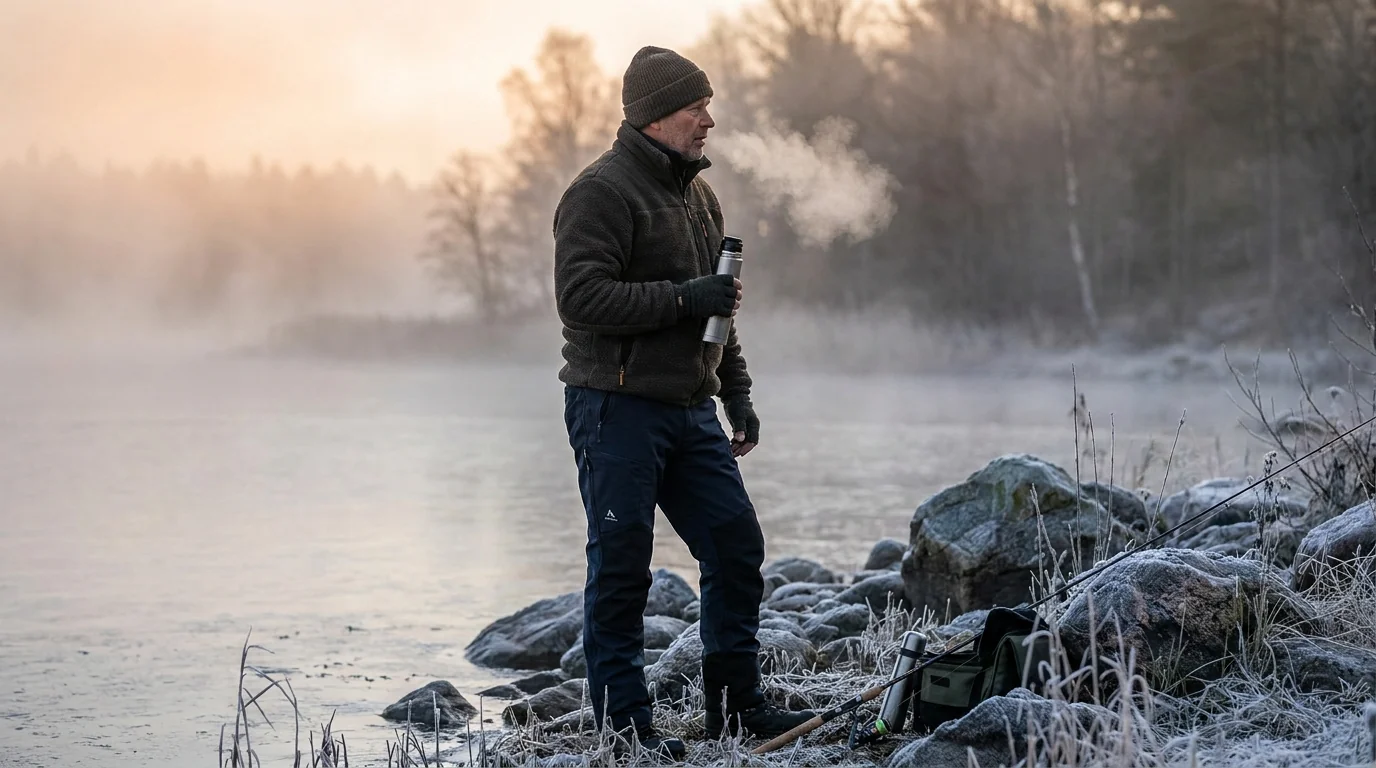 Cold morning angler in softshell insulated fishing pants by lakeshore